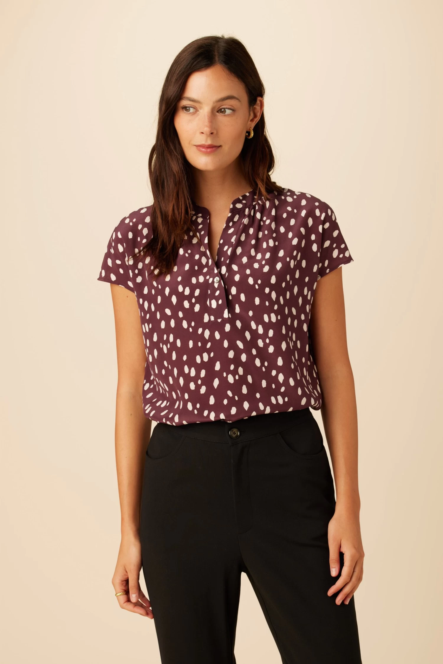 Renata Washable Silk Blouse - Pebble Dot Plum 1 Renata Washable Silk Blouse - Pebble Dot Plum