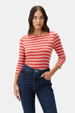 Francoise 3/4 Sleeve Dream Knit Tee - Tangerine Stripe
