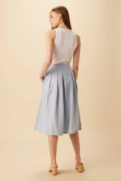 Mariah Linen Skirt - Blue Natural Stripe -Vibe Wardrobe Shop 10205 Mariah Linen Blue Natural Stripe 3