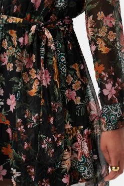 Malta Viscose Chiffon Long Sleeve Dress - Rosalind Floral Black -Vibe Wardrobe Shop 10294 LS Malta Chiffon Rosalind Black 5