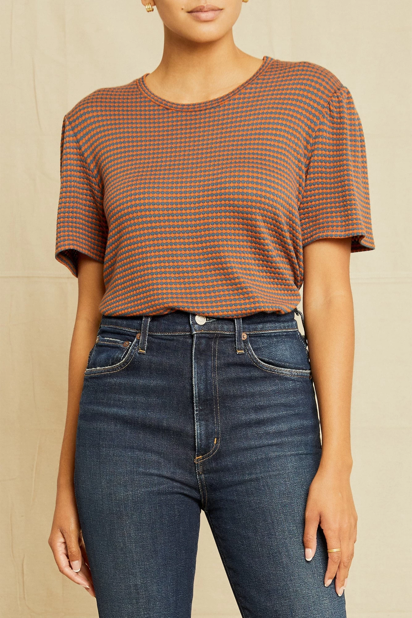 Odilia Scallop Knit Tee - Azure Umber Stripe 1 Odilia Scallop Knit Tee - Azure Umber Stripe