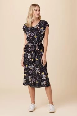 Cindra Washable Silk Midi Dress - French Jardin Black