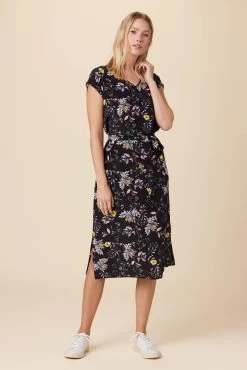 Cindra Washable Silk Midi Dress - French Jardin Black -Vibe Wardrobe Shop 9674R1 Cindra French Jardin Black 5